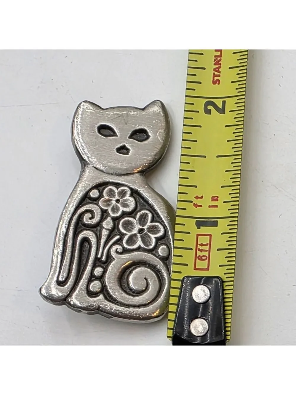 ​VTG Rune Tennesmed Sweden Pewter Cat Brooch Modernist Floral MCM Kitty Pin